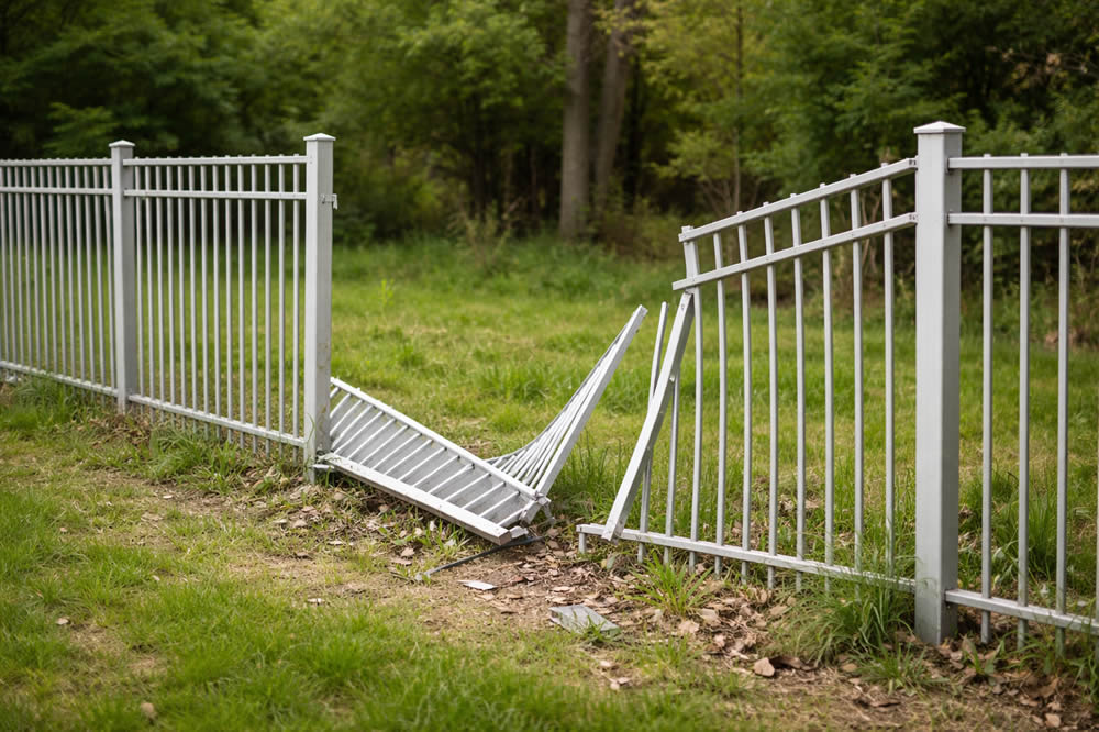 Damaged white metal fence with a collapsed section and bent panels in a grassy residential yard.