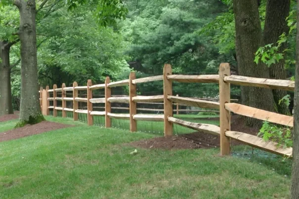 A wooden split-rail fence runs along a grassy area bordered by trees and mulch, with dense green foliage in the background.