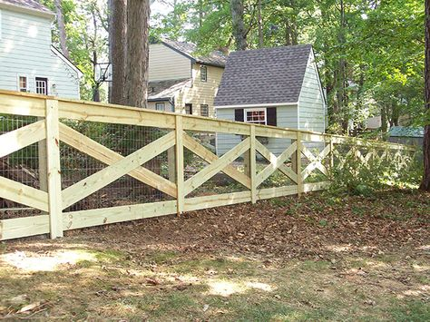 A tall wooden privacy fence with horizontal support rails bordering a green grassy lawn.