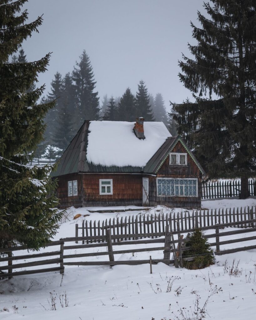 Snow-covered cabin behind a wooden fence, surrounded by tall pine trees.