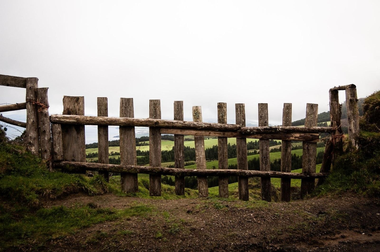 A rustic wooden fence gate stands on grassy ground, seamlessly blending with the surrounding fence as it overlooks rolling green fields and distant hills beneath a cloudy sky.