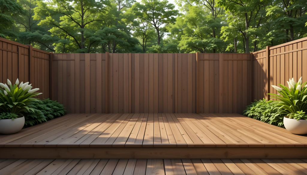 A wooden deck with potted plants and a wooden privacy fence, surrounded by lush green trees in the background.