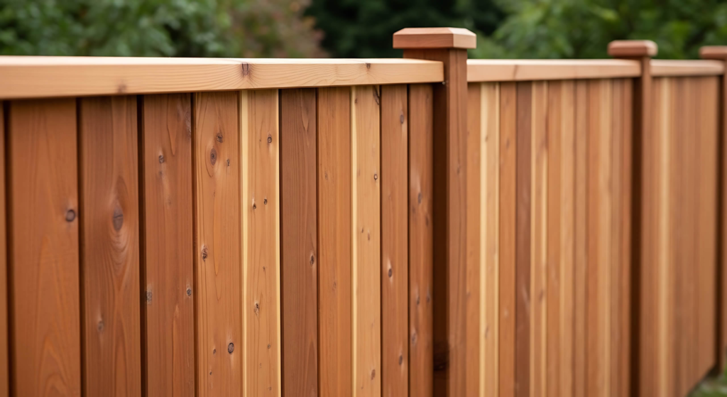 Close-up of a wooden privacy fence with vertical planks and warm natural tones.