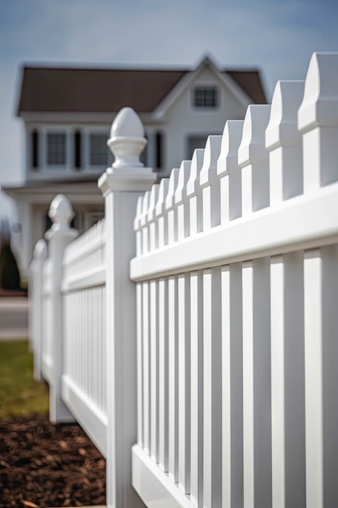 Close-up of a white vinyl picket fence in front of a suburban home.