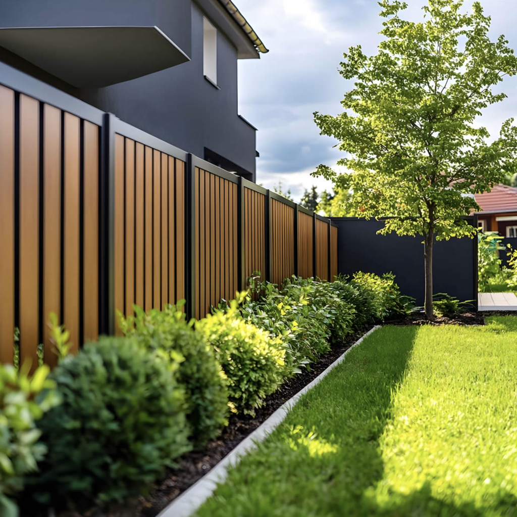 Modern residential backyard with a wood and black privacy fence, landscaped shrubs, green lawn, and a young tree beside the home.