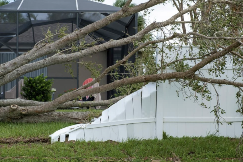 Storm-damaged white fence with a large fallen tree and branches resting across it in a residential yard.