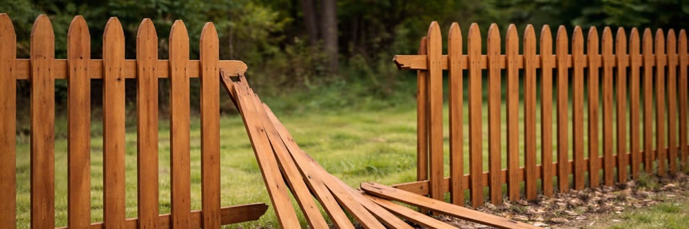 Brown wooden picket fence with a damaged section where several boards have broken and fallen inward.
